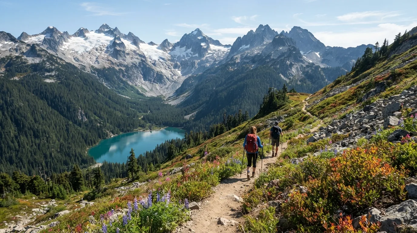 Hikers on Hannegan Pass Trail in North Cascades with jagged peaks, turquoise lakes, old-growth forest, alpine passes, and glacial valleys.