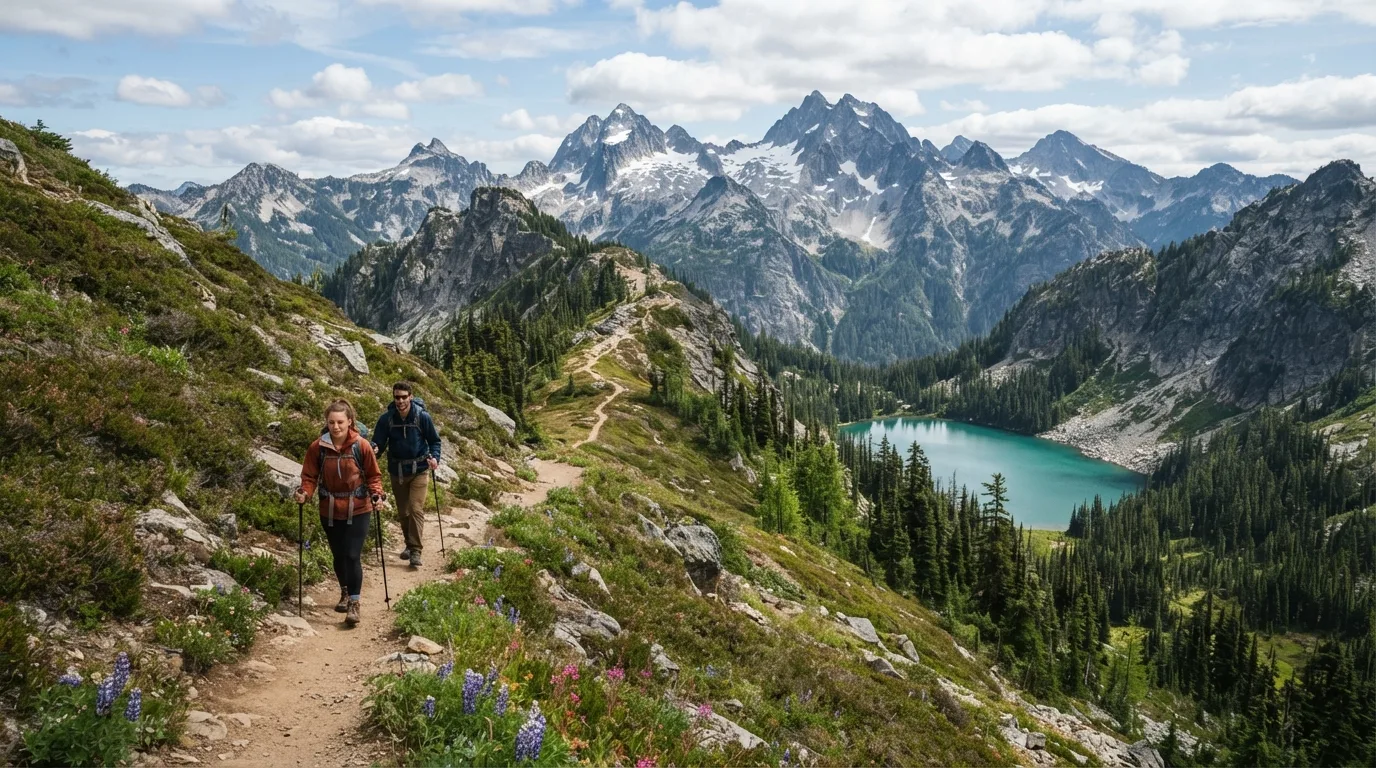 Hikers on Cutthroat Pass Trail in North Cascades with jagged peaks, turquoise lakes, old-growth forest, alpine passes, and glacial valleys.