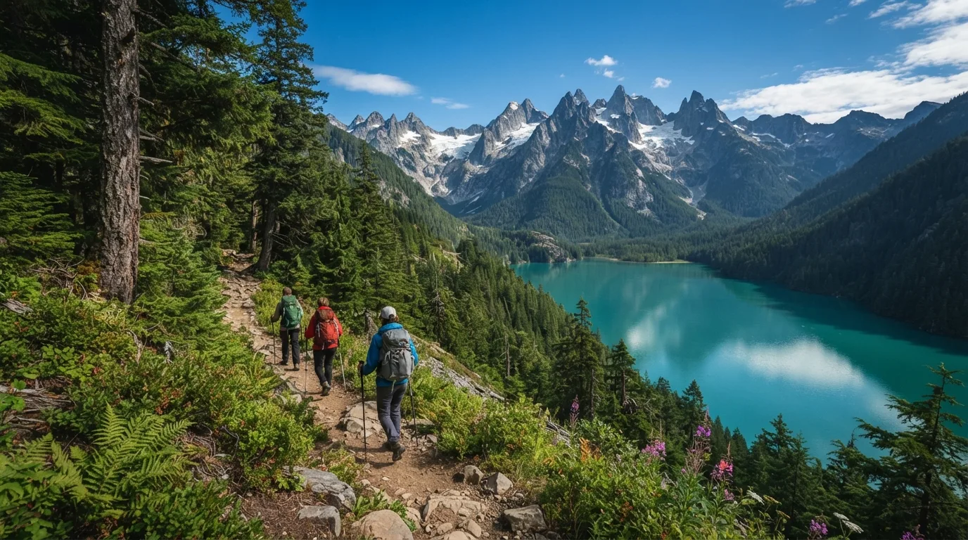 Hikers on Ross Dam Trail in North Cascades with jagged peaks, turquoise lakes, old-growth forest, alpine passes, and glacial valleys.
