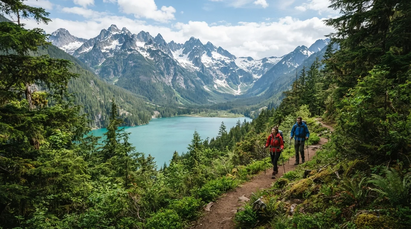 Hikers on East Bank Trail in North Cascades with jagged peaks, turquoise lakes, old-growth forest, alpine passes, and glacial valleys.