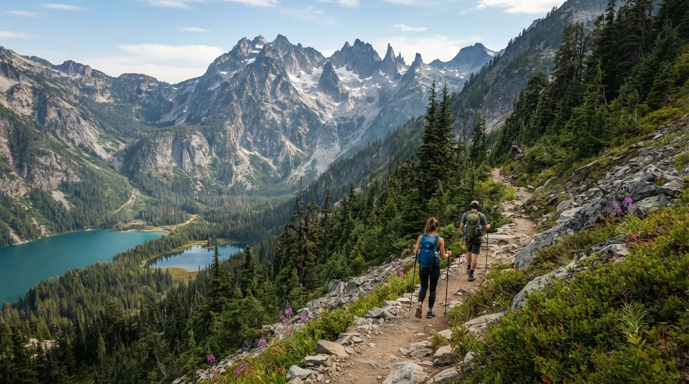 Hikers on Fourth of July Pass Trail in North Cascades with jagged peaks, turquoise lakes, old-growth forest, alpine passes, and glacial valleys.