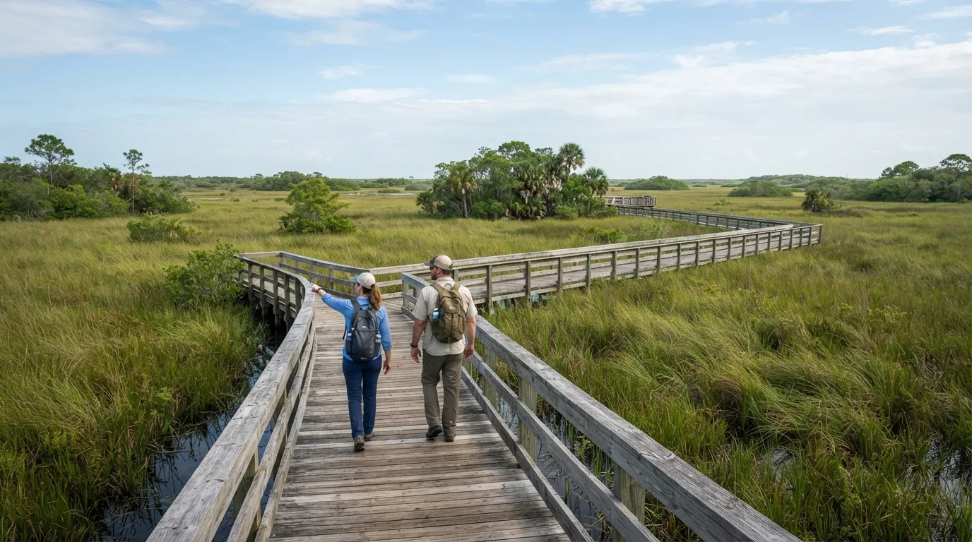 Hikers on Pa-hay-okee Overlook Trail in Everglades with sawgrass marsh, tropical hardwood hammock, pineland, mangrove edges, and wildlife boardwalks.