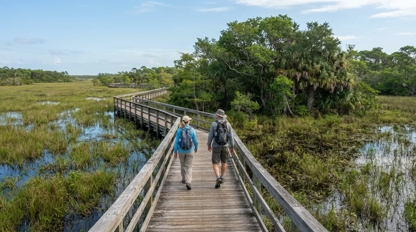 Hikers on Bobcat Boardwalk Trail in Everglades with sawgrass marsh, tropical hardwood hammock, pineland, mangrove edges, and wildlife boardwalks.