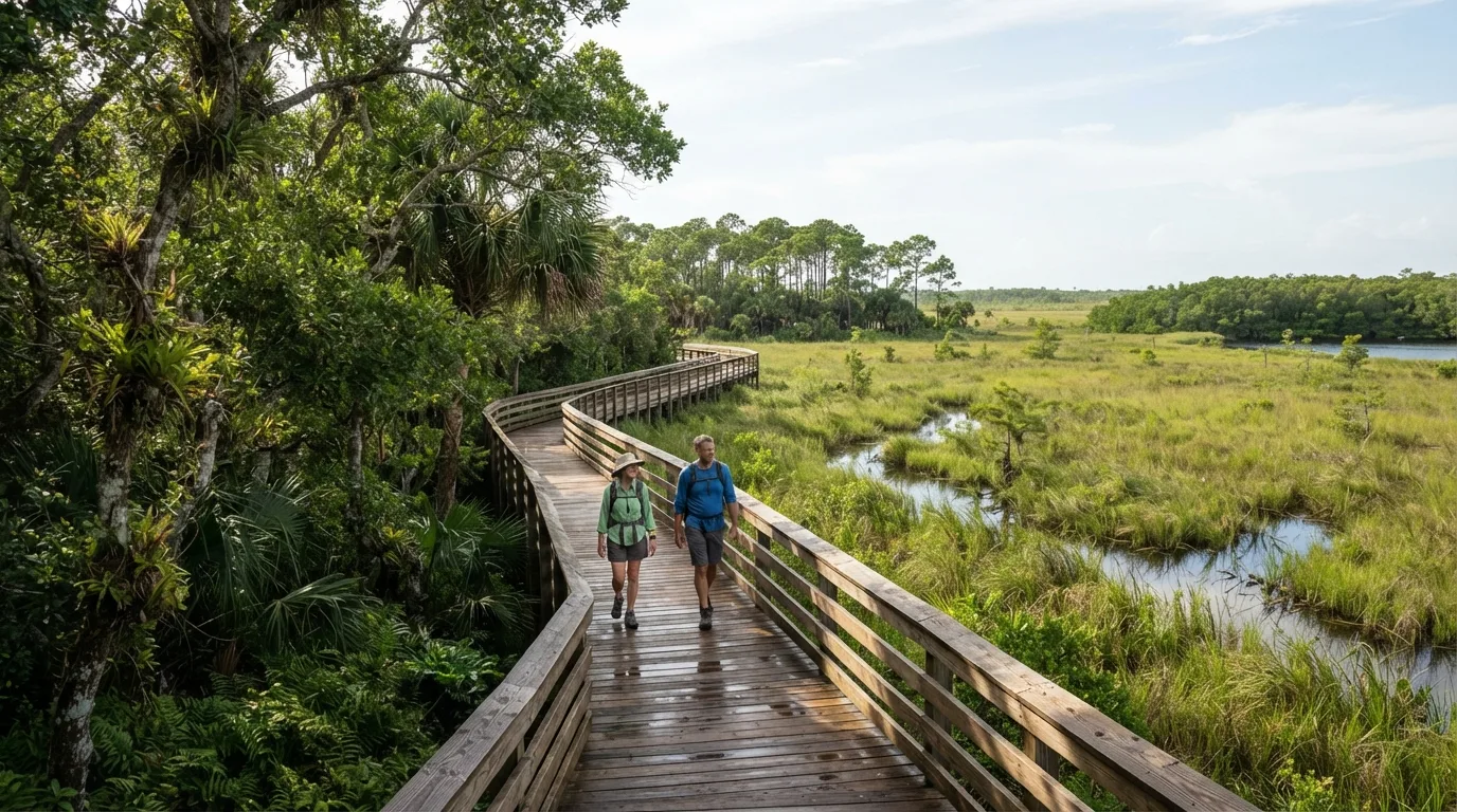 Hikers on Otter Cave Hammock Trail in Everglades with sawgrass marsh, tropical hardwood hammock, pineland, mangrove edges, and wildlife boardwalks.
