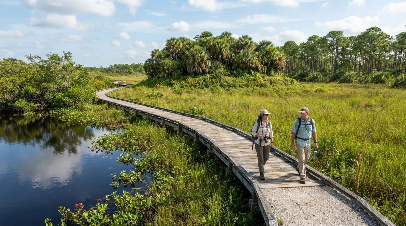 Hikers on Eco Pond Trail in Everglades with sawgrass marsh, tropical hardwood hammock, pineland, mangrove edges, and wildlife boardwalks.