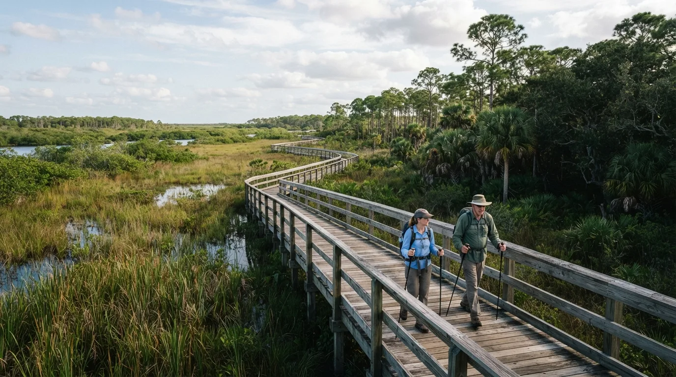 Hikers on Coastal Prairie Trail in Everglades with sawgrass marsh, tropical hardwood hammock, pineland, mangrove edges, and wildlife boardwalks.