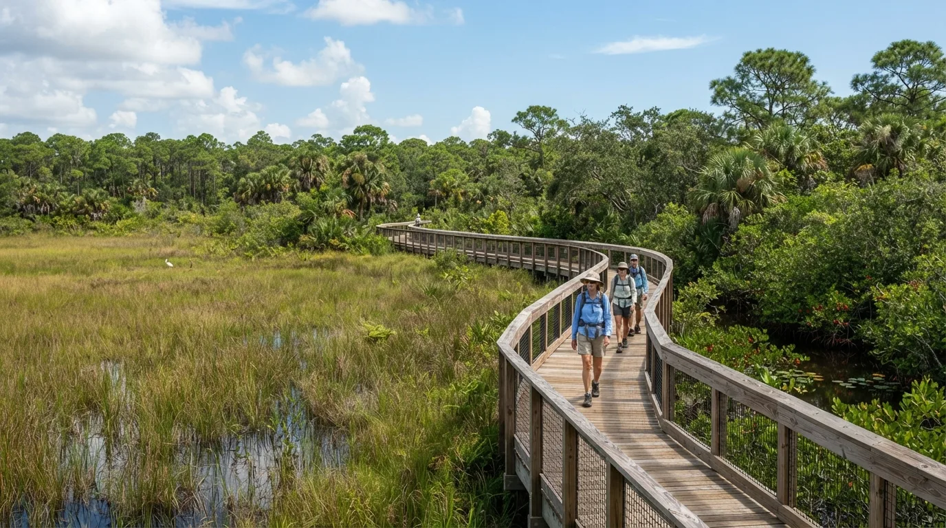 Hikers on Long Pine Key Trail in Everglades with sawgrass marsh, tropical hardwood hammock, pineland, mangrove edges, and wildlife boardwalks.