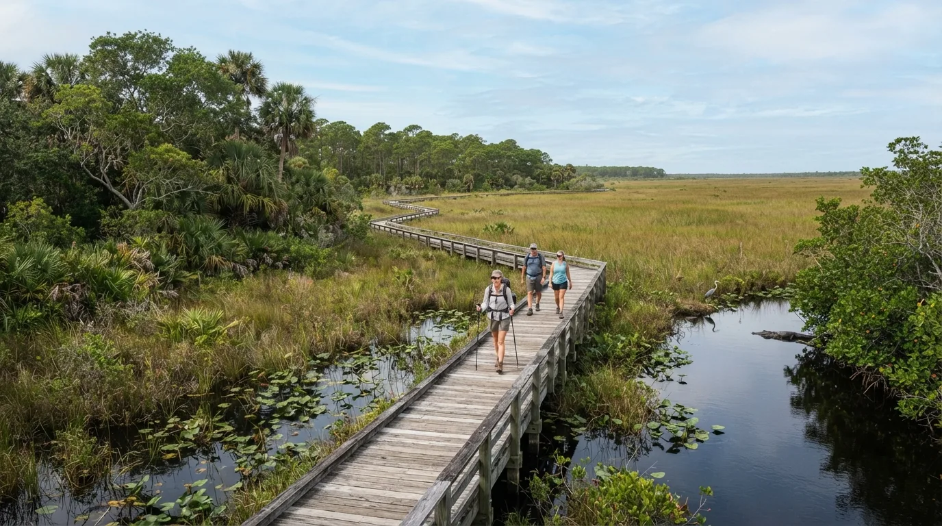 Hikers on Old Ingraham Highway Trail in Everglades with sawgrass marsh, tropical hardwood hammock, pineland, mangrove edges, and wildlife boardwalks.