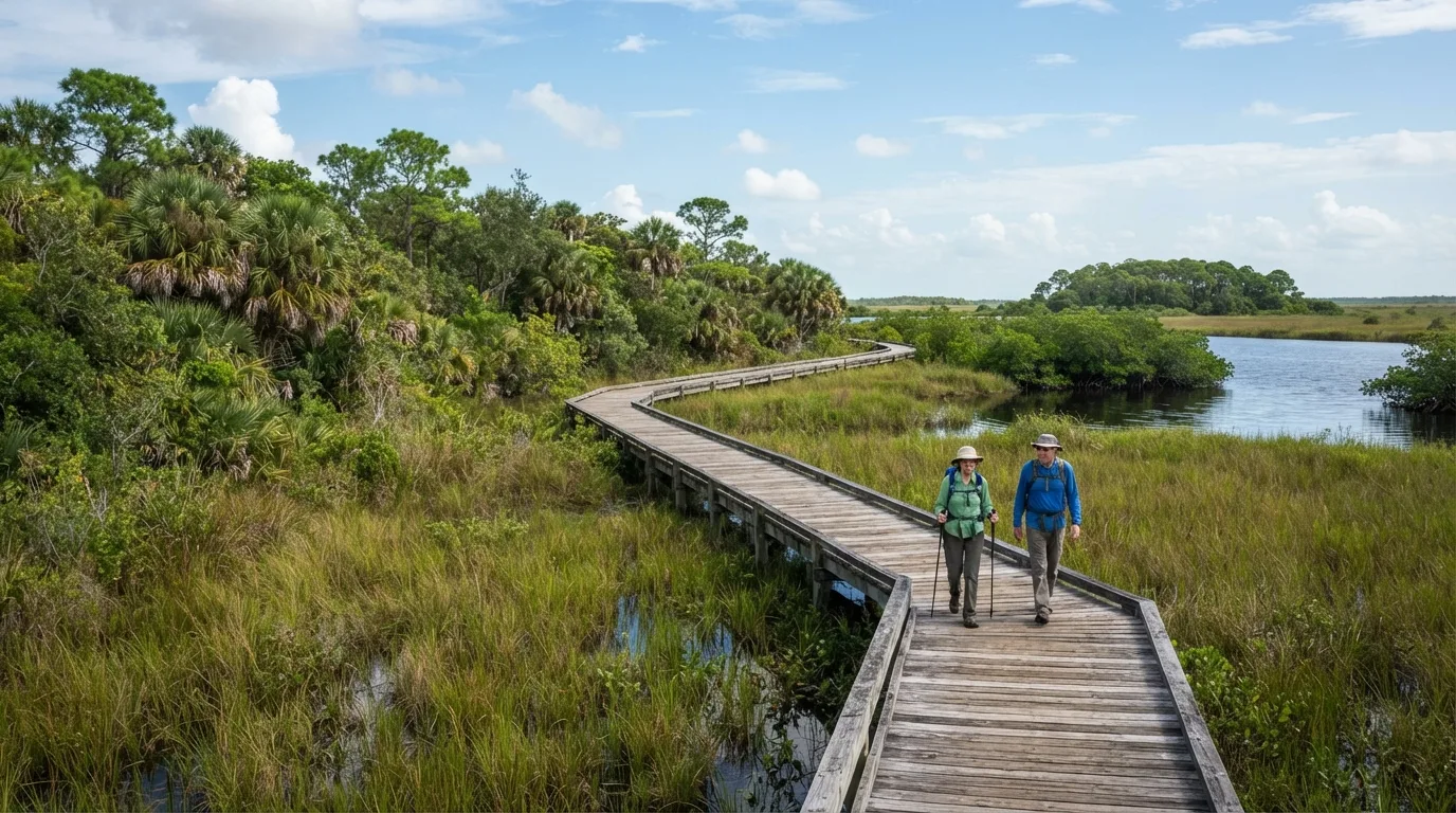 Hikers on Guy Bradley Trail in Everglades with sawgrass marsh, tropical hardwood hammock, pineland, mangrove edges, and wildlife boardwalks.
