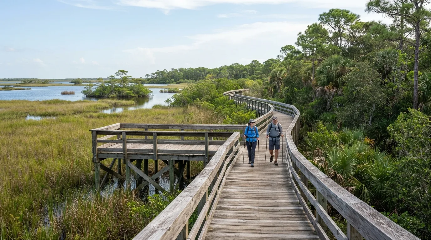 Hikers on Christian Point and Snake Bight Connector in Everglades with sawgrass marsh, tropical hardwood hammock, pineland, mangrove edges, and wildlife boardwalks.