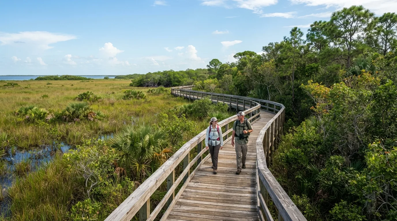 Hikers on Flamingo Bayshore Walk in Everglades with sawgrass marsh, tropical hardwood hammock, pineland, mangrove edges, and wildlife boardwalks.
