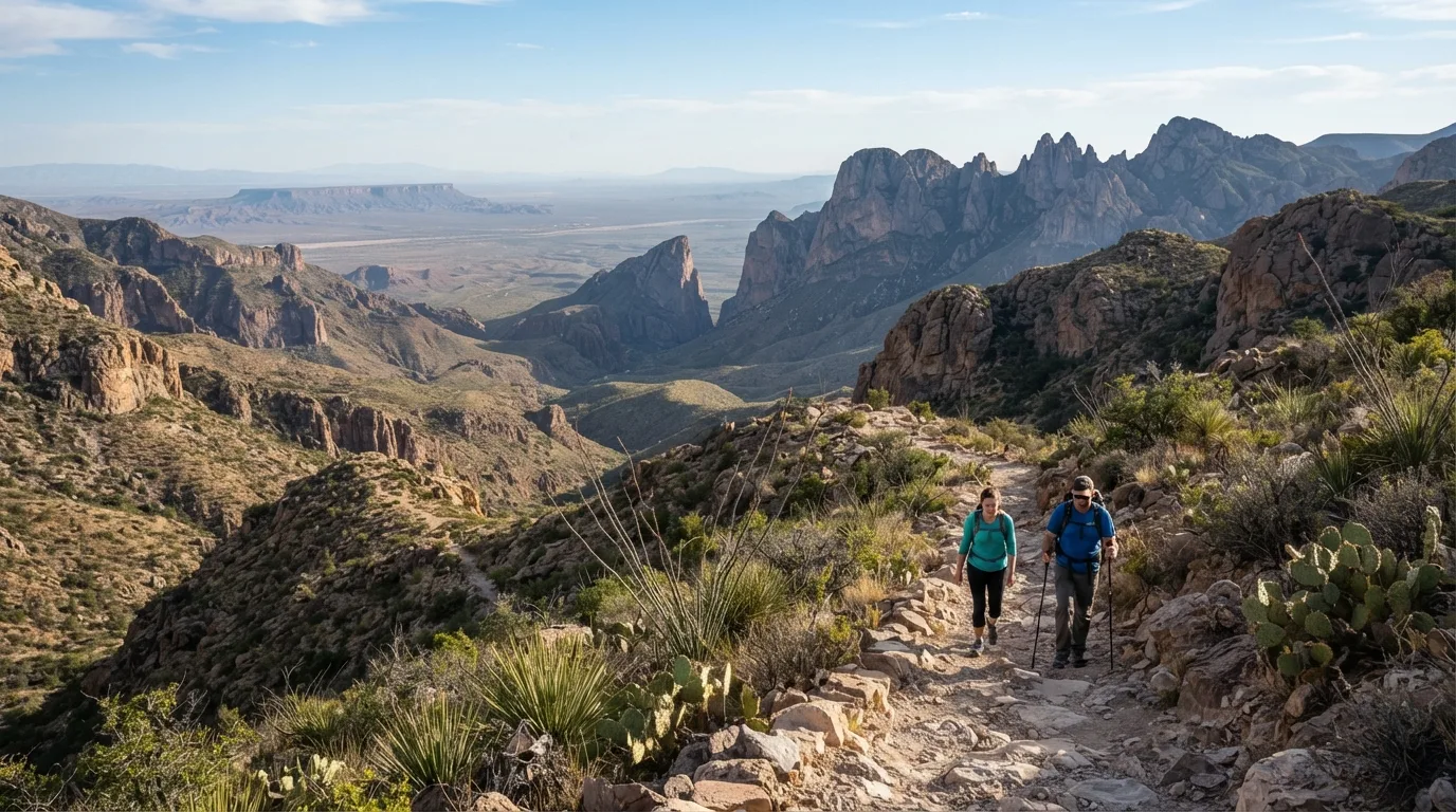 Hikers on Window View Trail in Big Bend with Chisos ridges, desert washes, limestone canyons, Rio Grande corridors, and open Chihuahuan Desert.
