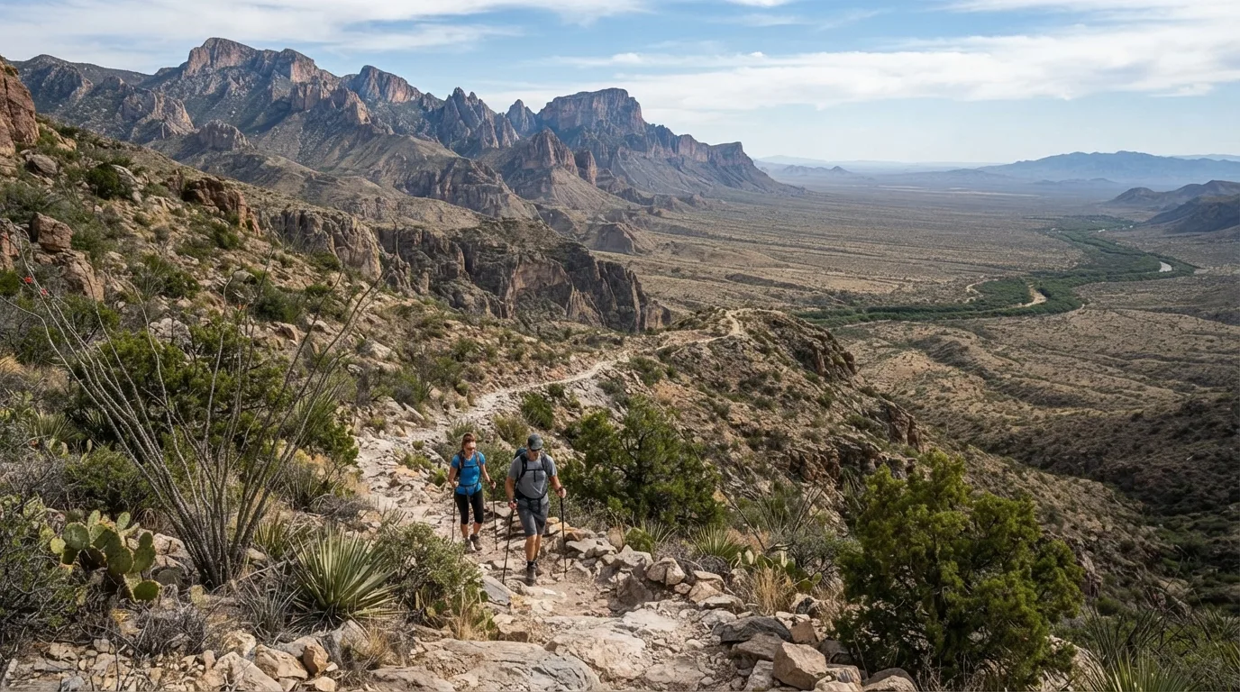 Hikers on Chisos Basin Loop Trail in Big Bend with Chisos ridges, desert washes, limestone canyons, Rio Grande corridors, and open Chihuahuan Desert.