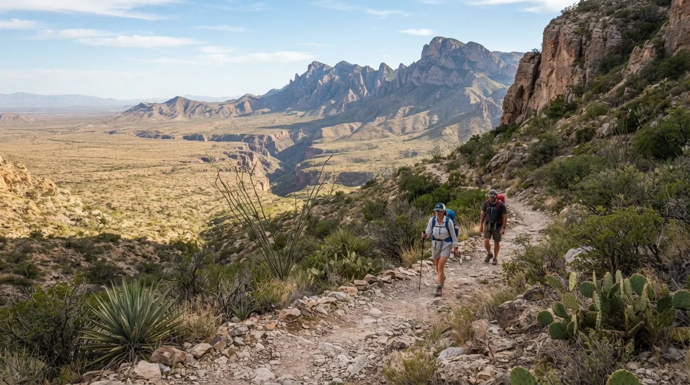 Hikers on Oak Spring Trail in Big Bend with Chisos ridges, desert washes, limestone canyons, Rio Grande corridors, and open Chihuahuan Desert.