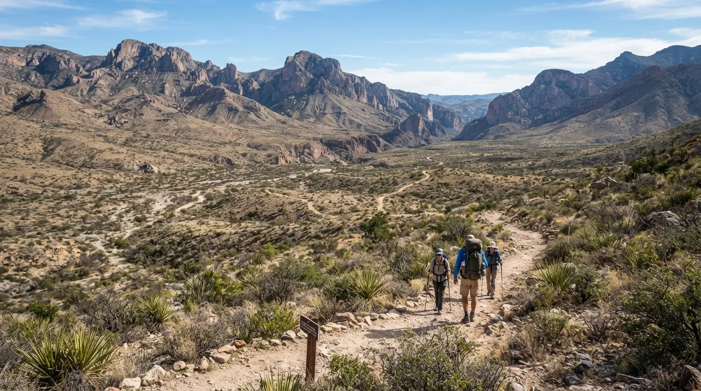 Hikers on Laguna Meadow Trail in Big Bend with Chisos ridges, desert washes, limestone canyons, Rio Grande corridors, and open Chihuahuan Desert.