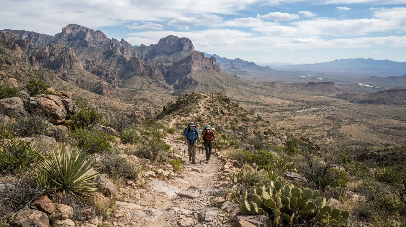Hikers on Juniper Canyon Trail in Big Bend with Chisos ridges, desert washes, limestone canyons, Rio Grande corridors, and open Chihuahuan Desert.
