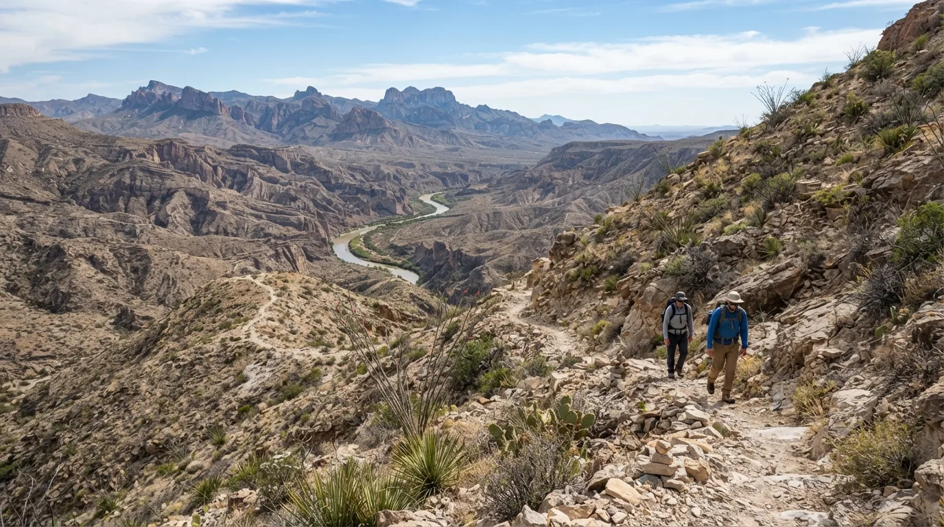 Hikers on Marufo Vega Trail in Big Bend with Chisos ridges, desert washes, limestone canyons, Rio Grande corridors, and open Chihuahuan Desert.