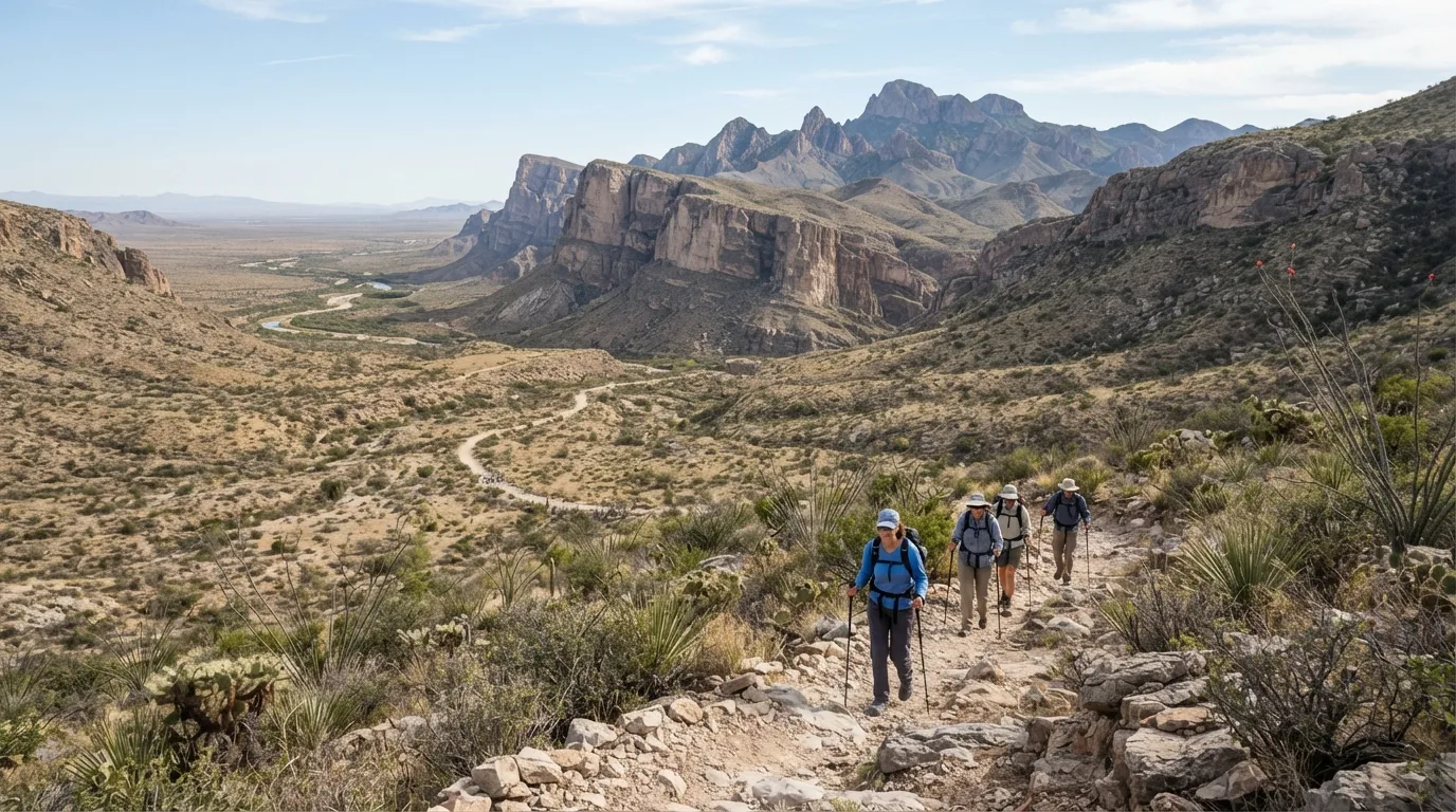 Hikers on Dog Canyon Trail in Big Bend with Chisos ridges, desert washes, limestone canyons, Rio Grande corridors, and open Chihuahuan Desert.