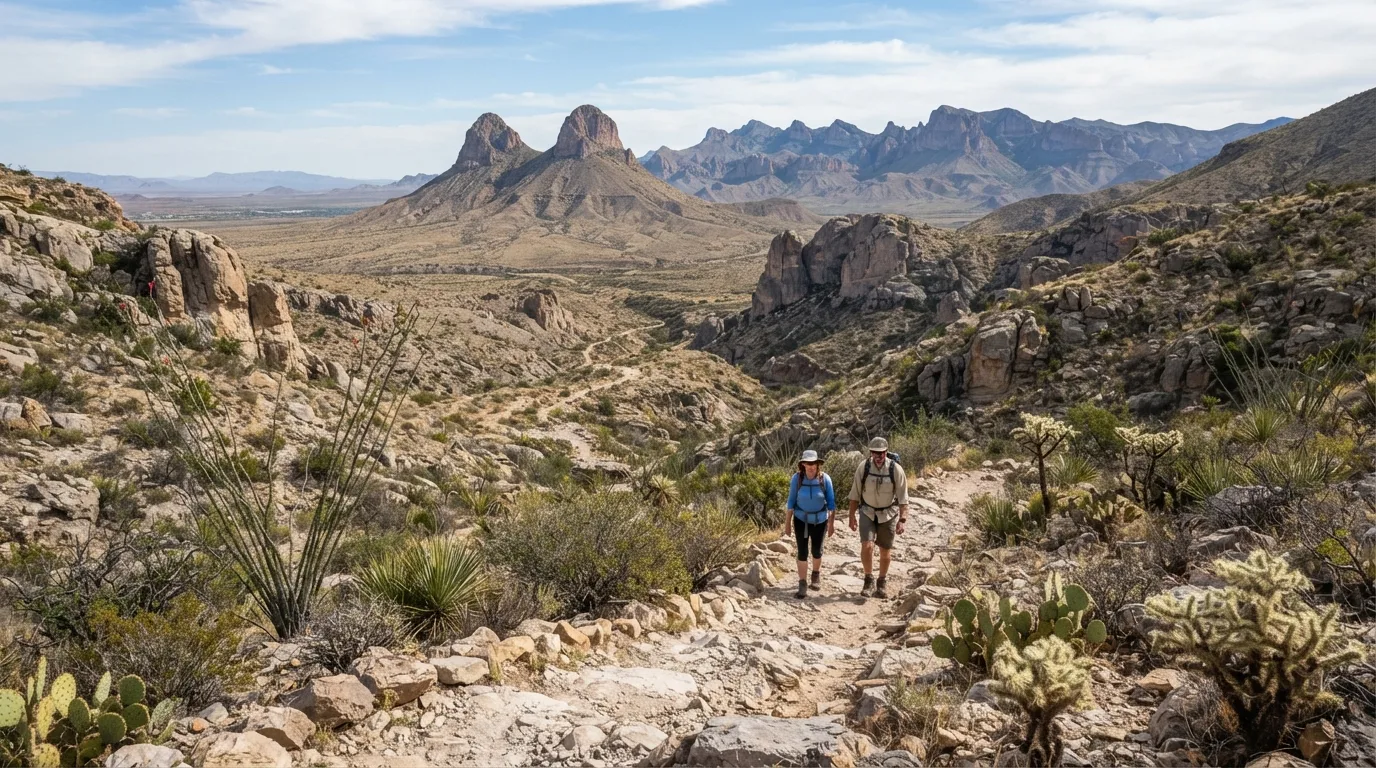 Hikers on Mule Ears Spring Trail in Big Bend with Chisos ridges, desert washes, limestone canyons, Rio Grande corridors, and open Chihuahuan Desert.
