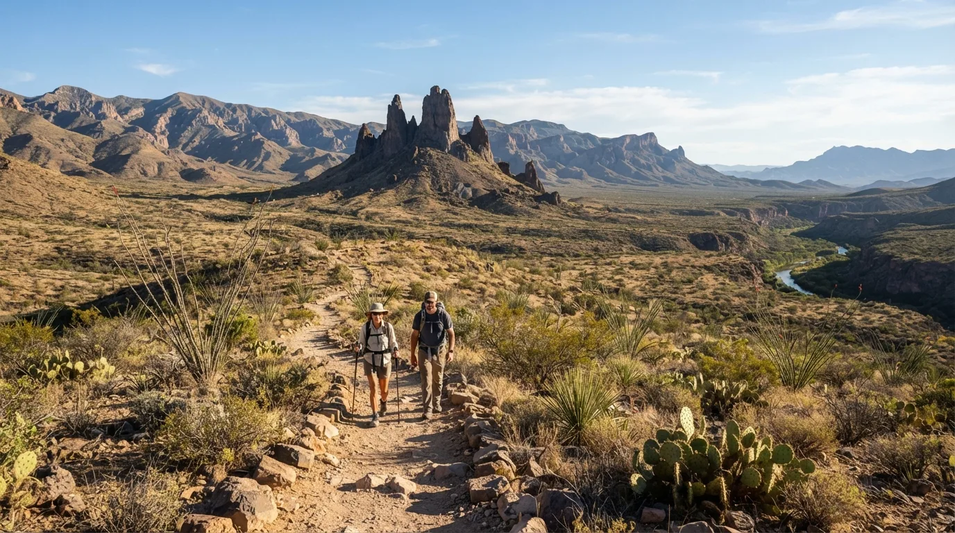Hikers on Chimneys Trail in Big Bend with Chisos ridges, desert washes, limestone canyons, Rio Grande corridors, and open Chihuahuan Desert.