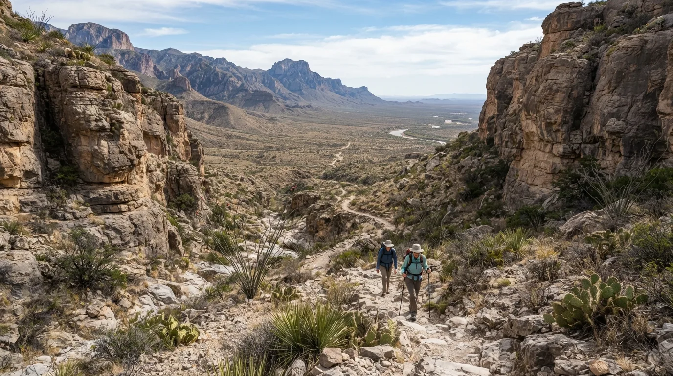 Hikers on Upper Burro Mesa Pour-off Trail in Big Bend with Chisos ridges, desert washes, limestone canyons, Rio Grande corridors, and open Chihuahuan Desert.