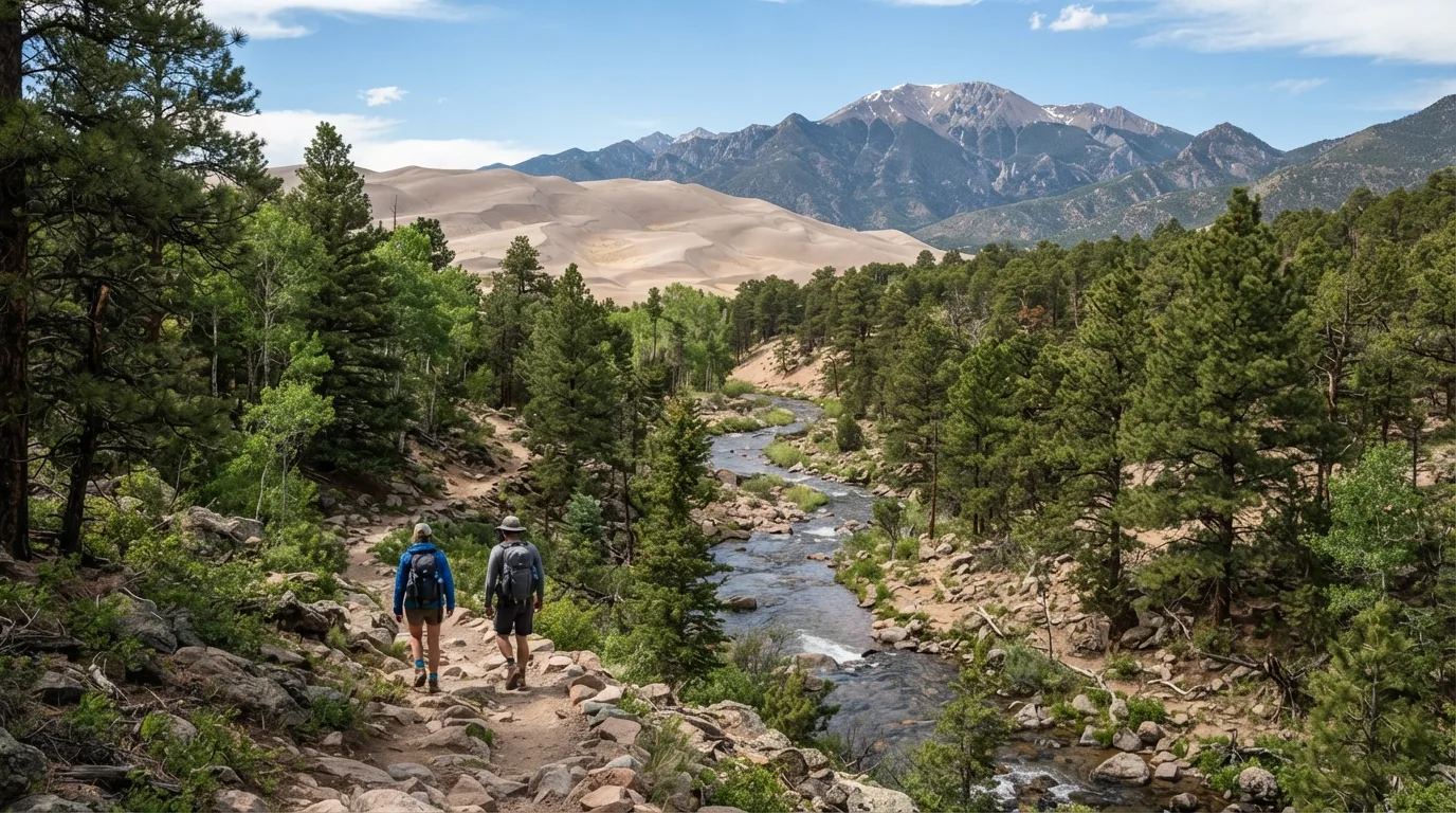 Hikers on Zapata Falls Trail in Great Sand Dunes with high dunes, Medano Creek, foothill forest, alpine lakes, and Sangre de Cristo views.
