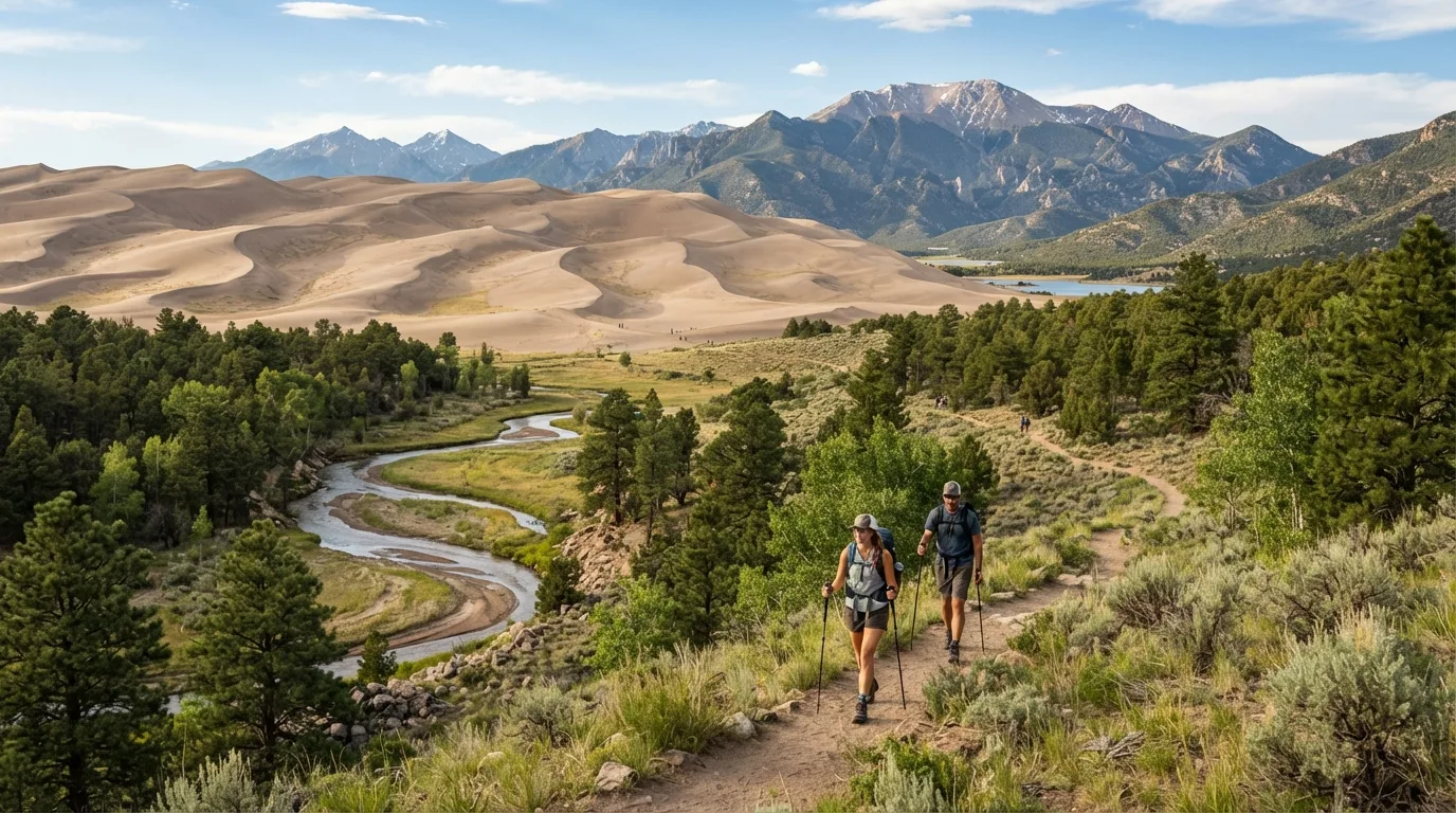 Hikers on Wellington Ditch Trail in Great Sand Dunes with high dunes, Medano Creek, foothill forest, alpine lakes, and Sangre de Cristo views.