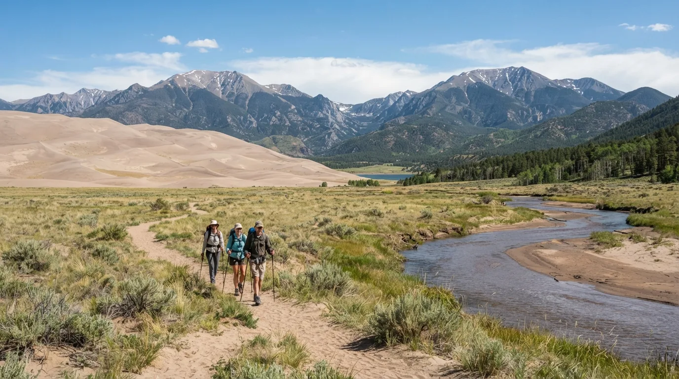 Hikers on Sand Sheet Loop in Great Sand Dunes with high dunes, Medano Creek, foothill forest, alpine lakes, and Sangre de Cristo views.