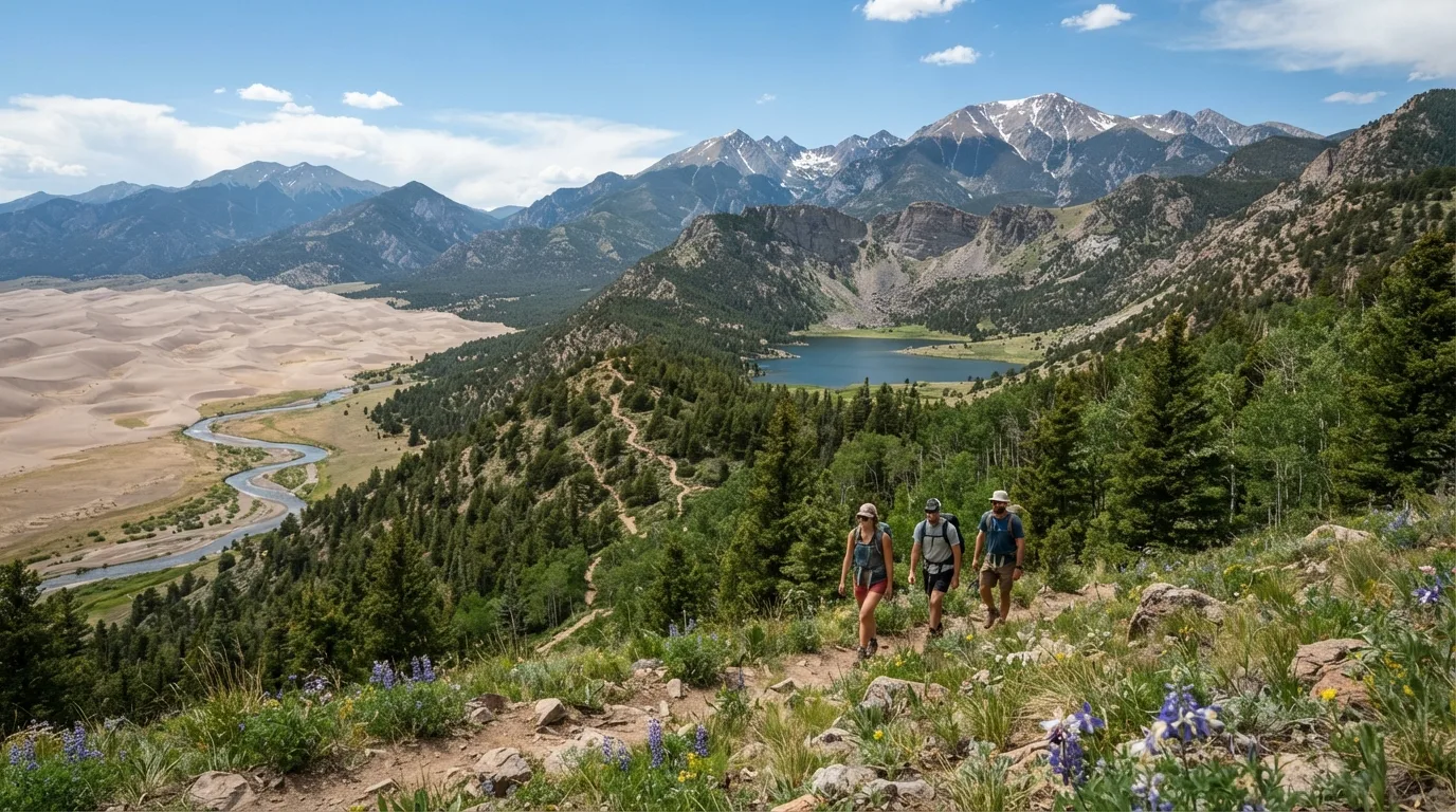 Hikers on Music Pass Trail in Great Sand Dunes with high dunes, Medano Creek, foothill forest, alpine lakes, and Sangre de Cristo views.