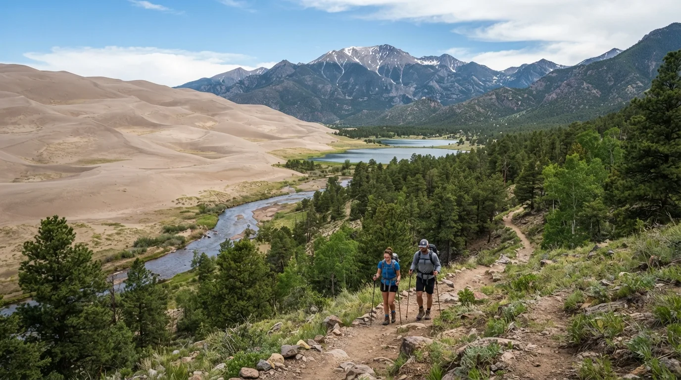 Hikers on Sand Creek Lakes Trail in Great Sand Dunes with high dunes, Medano Creek, foothill forest, alpine lakes, and Sangre de Cristo views.