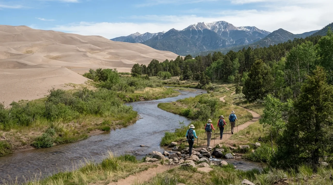 Hikers on Little Medano Creek Trail in Great Sand Dunes with high dunes, Medano Creek, foothill forest, alpine lakes, and Sangre de Cristo views.