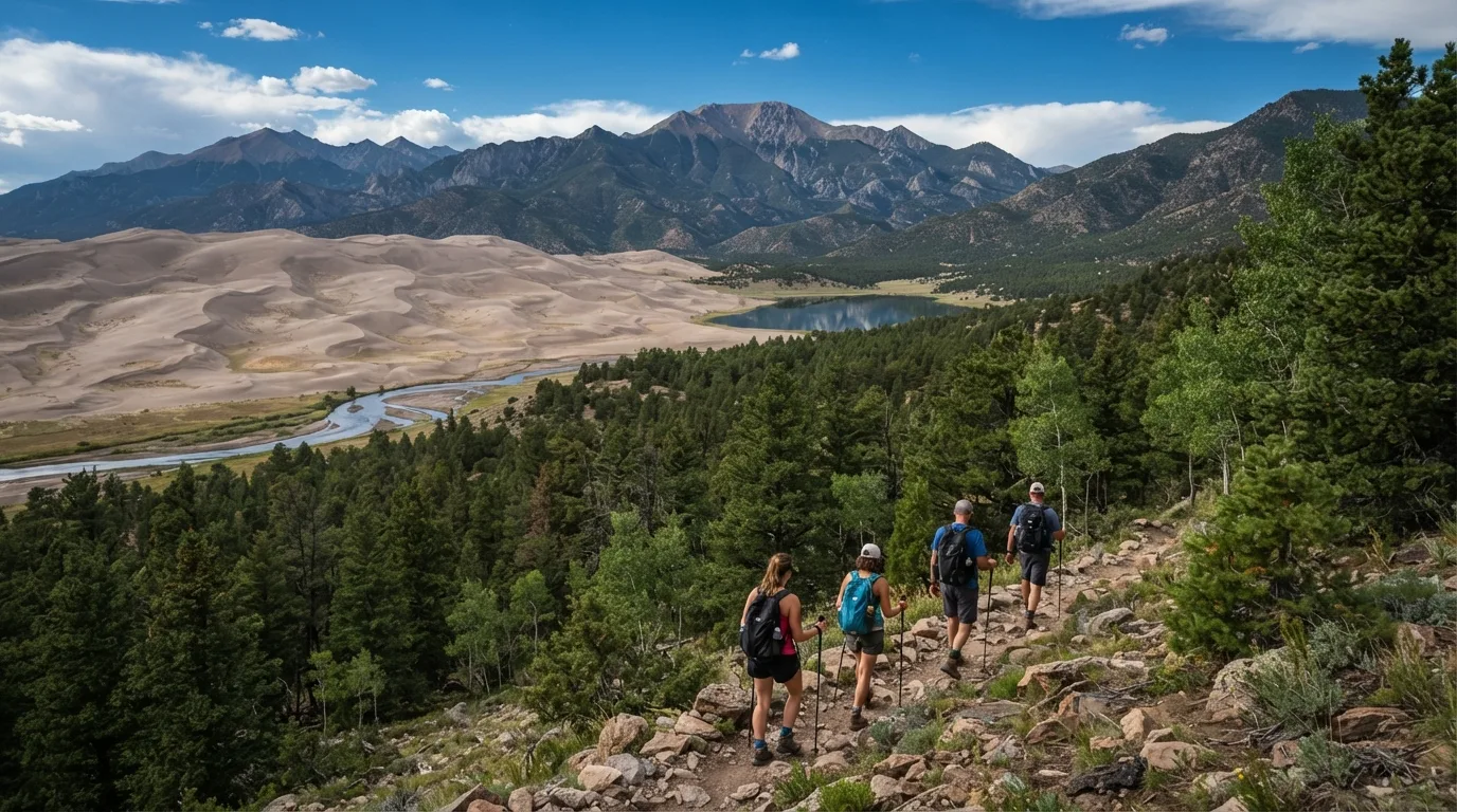 Hikers on Herard Cabin Trail in Great Sand Dunes with high dunes, Medano Creek, foothill forest, alpine lakes, and Sangre de Cristo views.