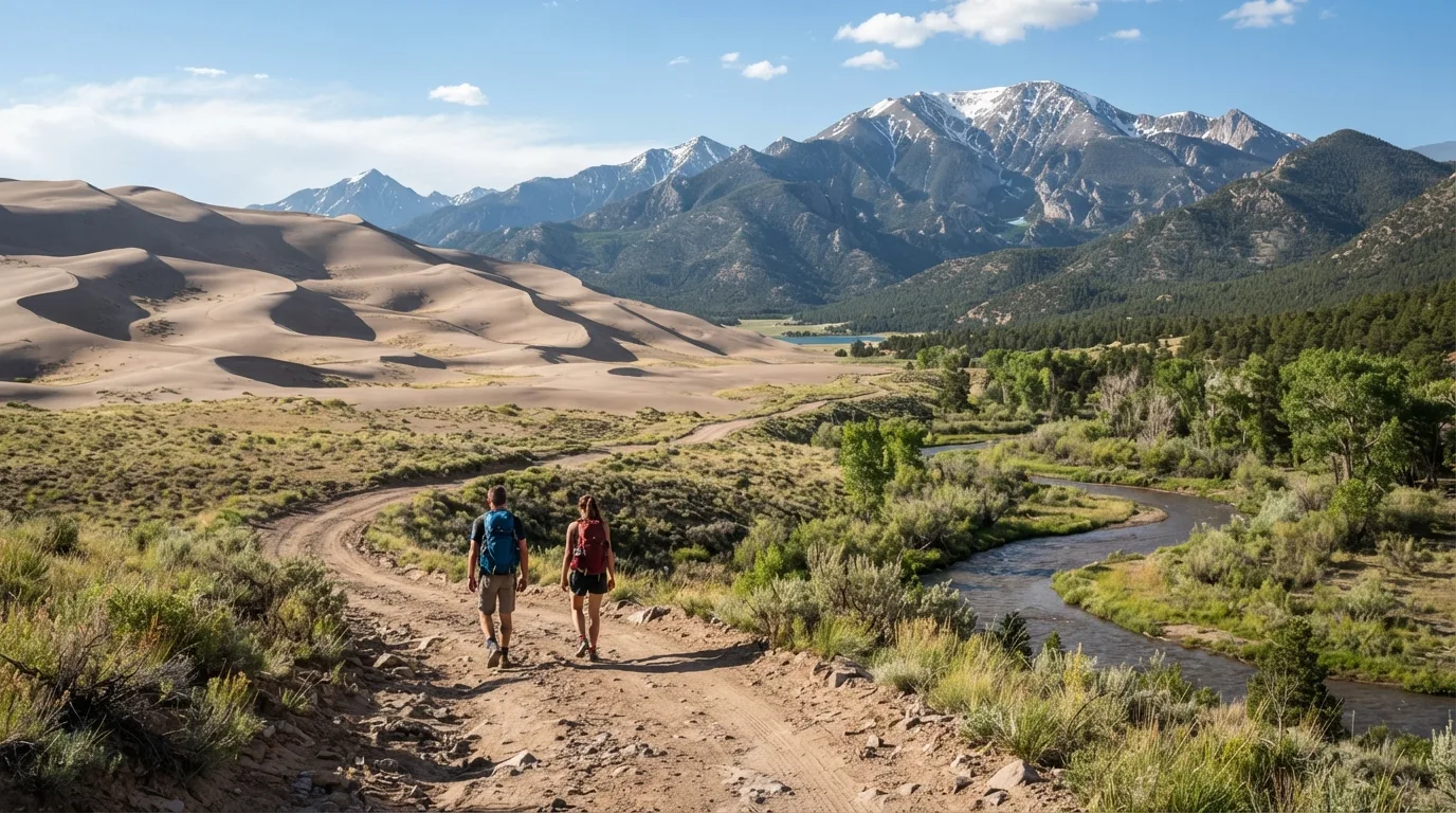 Hikers on Medano Pass Primitive Road Walk in Great Sand Dunes with high dunes, Medano Creek, foothill forest, alpine lakes, and Sangre de Cristo views.