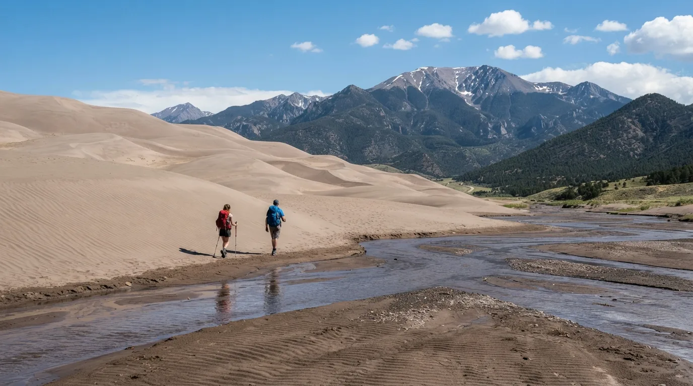 Hikers on Castle Creek Dunes Route in Great Sand Dunes with high dunes, Medano Creek, foothill forest, alpine lakes, and Sangre de Cristo views.
