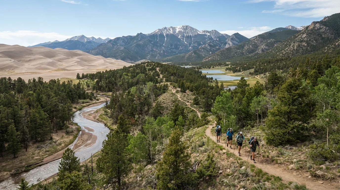 Hikers on Dry Lakes Trail in Great Sand Dunes with high dunes, Medano Creek, foothill forest, alpine lakes, and Sangre de Cristo views.