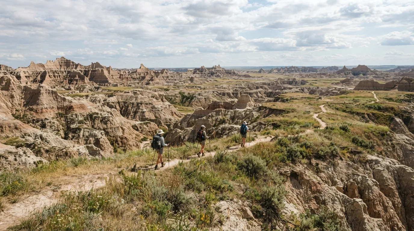 Hikers on Sage Creek Wilderness Route in Badlands with eroded buttes, mixed-grass prairie, fossil beds, clay gullies, and broad open overlooks.