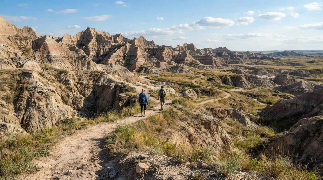 Hikers on Deer Haven Trail in Badlands with eroded buttes, mixed-grass prairie, fossil beds, clay gullies, and broad open overlooks.