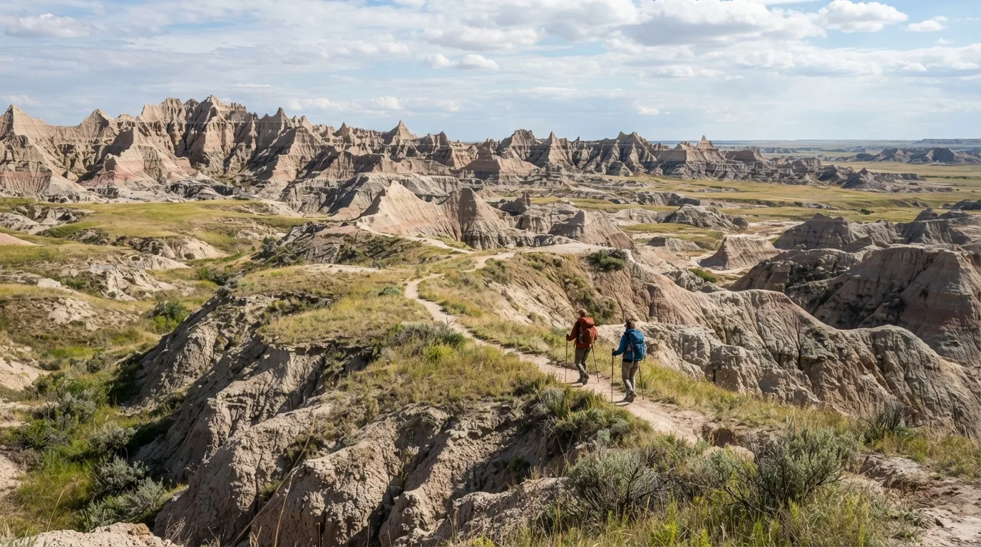 Hikers on Conata Basin Overlook Walk in Badlands with eroded buttes, mixed-grass prairie, fossil beds, clay gullies, and broad open overlooks.