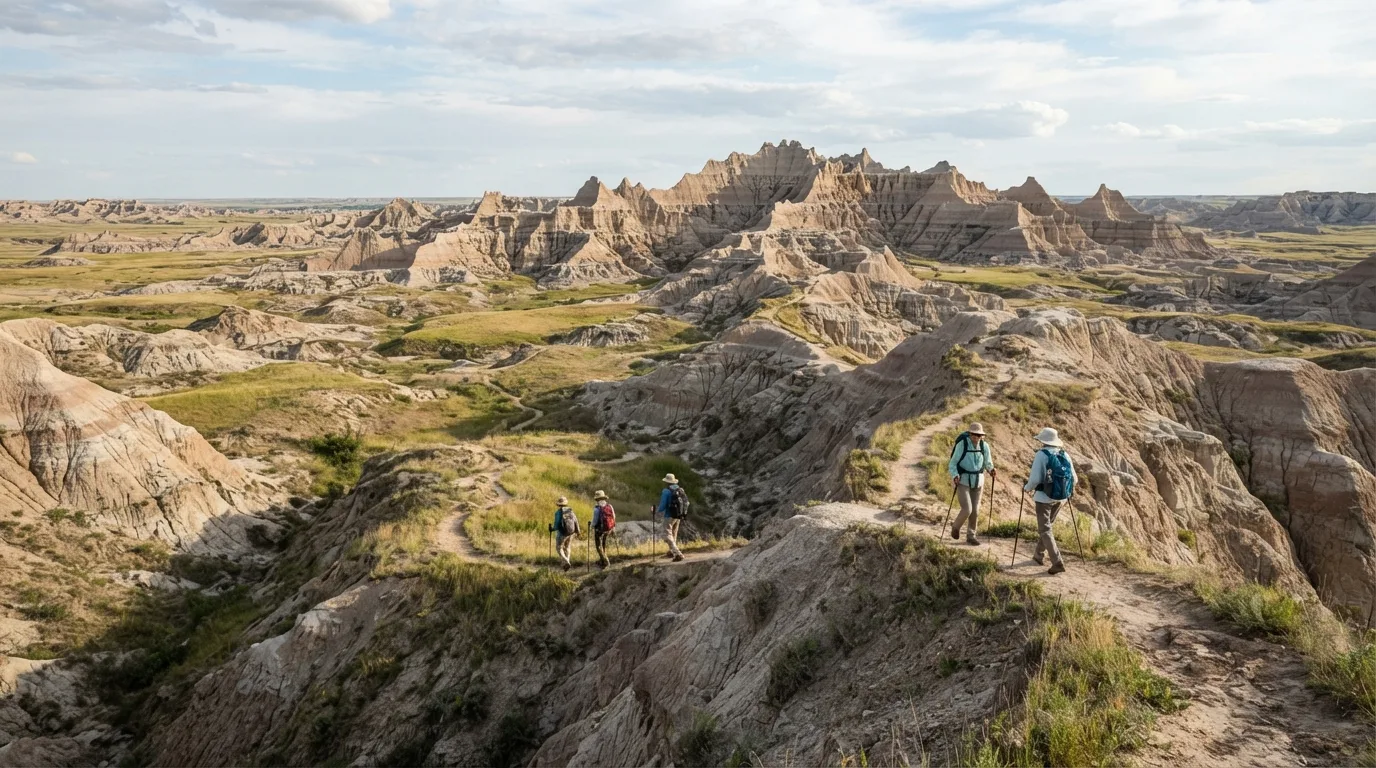 Hikers on Hay Butte Overlook Route in Badlands with eroded buttes, mixed-grass prairie, fossil beds, clay gullies, and broad open overlooks.