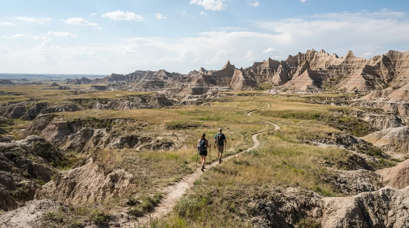 Hikers on Old Northeast Road Walk in Badlands with eroded buttes, mixed-grass prairie, fossil beds, clay gullies, and broad open overlooks.