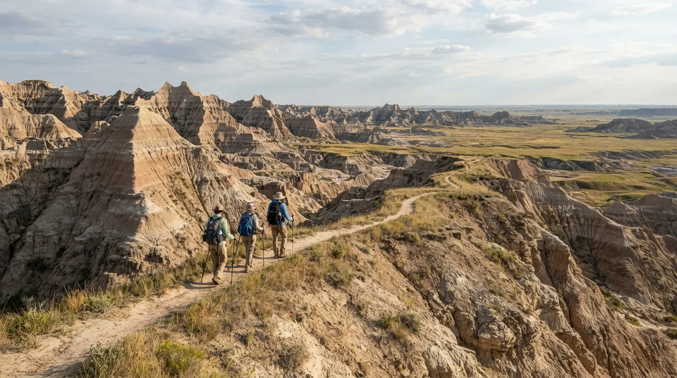 Hikers on Sage Creek Rim Trail in Badlands with eroded buttes, mixed-grass prairie, fossil beds, clay gullies, and broad open overlooks.