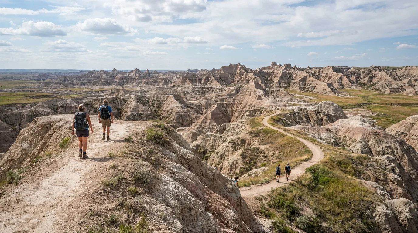 Hikers on Big Badlands Overlook Walk in Badlands with eroded buttes, mixed-grass prairie, fossil beds, clay gullies, and broad open overlooks.