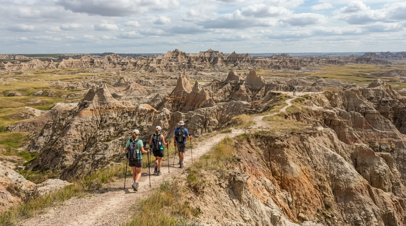 Hikers on Burns Basin Overlook Walk in Badlands with eroded buttes, mixed-grass prairie, fossil beds, clay gullies, and broad open overlooks.