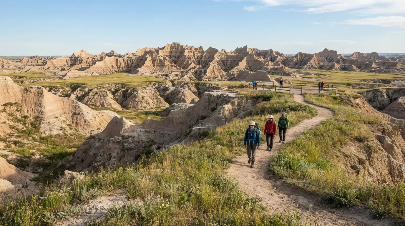 Hikers on Prairie Wind Overlook Trail in Badlands with eroded buttes, mixed-grass prairie, fossil beds, clay gullies, and broad open overlooks.