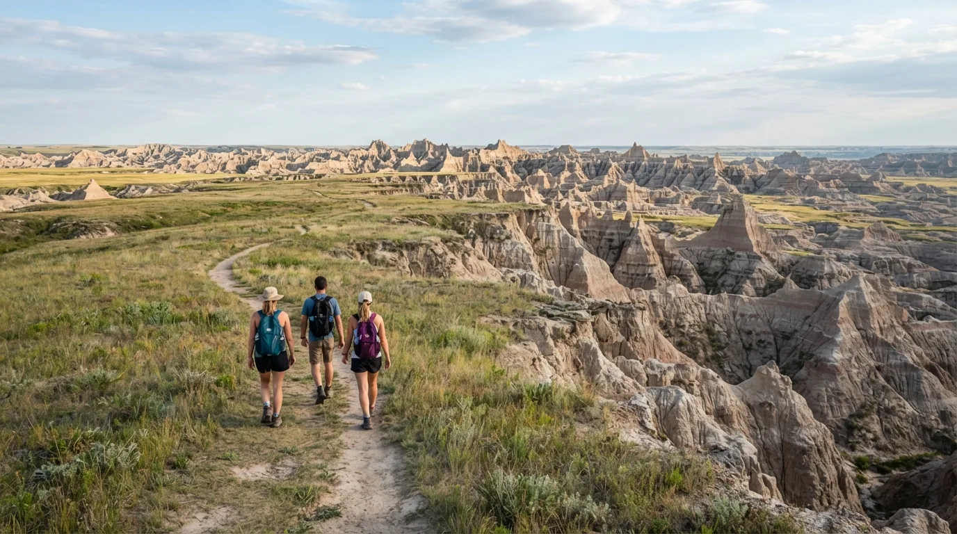 Hikers on Sheep Mountain Table Walk in Badlands with eroded buttes, mixed-grass prairie, fossil beds, clay gullies, and broad open overlooks.